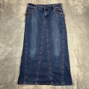 Vintage Indulgence Denim Skirt Womens 4/6 Maxi Pink Embroidered Low Rise A-Line